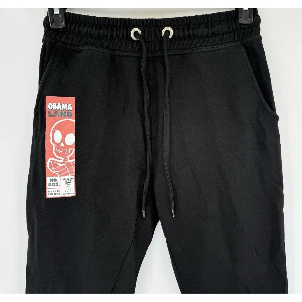 Obama Land Joggers Mens Small Black Graphic Skull Patch Fleece Sweatpants